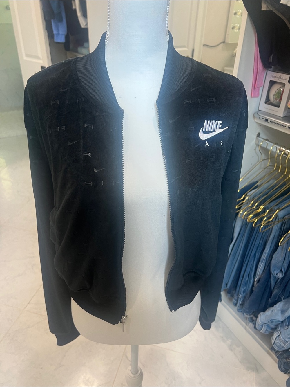 Nike Black Women's Velvet Bomber Jacket with White Logo